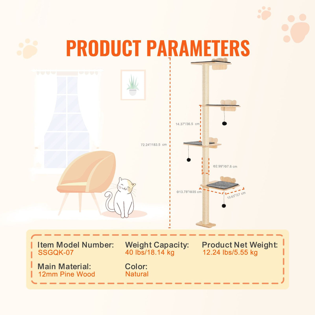 4 Tiers Cat Tree, Cat Wall Furniture Set with 4 Jumping Boards, Wall-Mounted Cat Floating Shelf up to 40 lbs, 12 mm Pine Wood Cat Perch for Sleeping, Playing, and Climbing