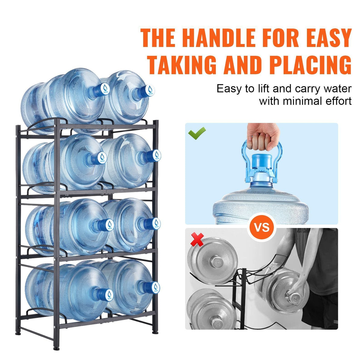 4 Tiers Water Jug Holder, 5 Gallon Water Bottle Holder, Double Row Water Bottle Rack for 8 Bottles, Heavy Duty Water Jug Rack for Kitchen, Office, Living Room, Black