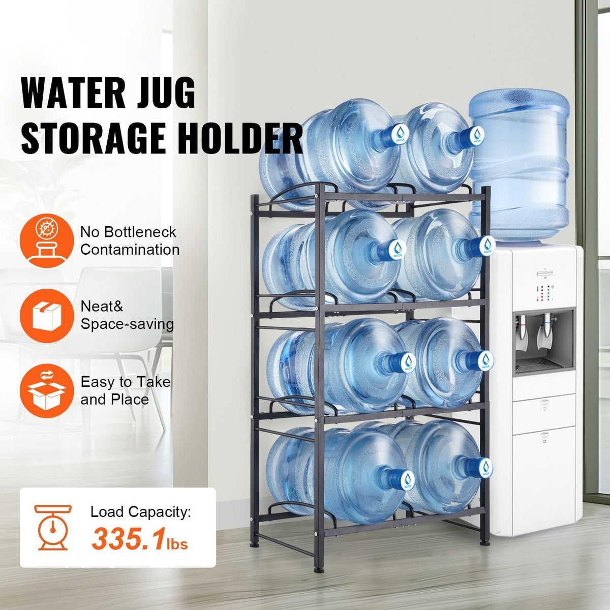 4 Tiers Water Jug Holder, 5 Gallon Water Bottle Holder, Double Row Water Bottle Rack for 8 Bottles, Heavy Duty Water Jug Rack for Kitchen, Office, Living Room, Black