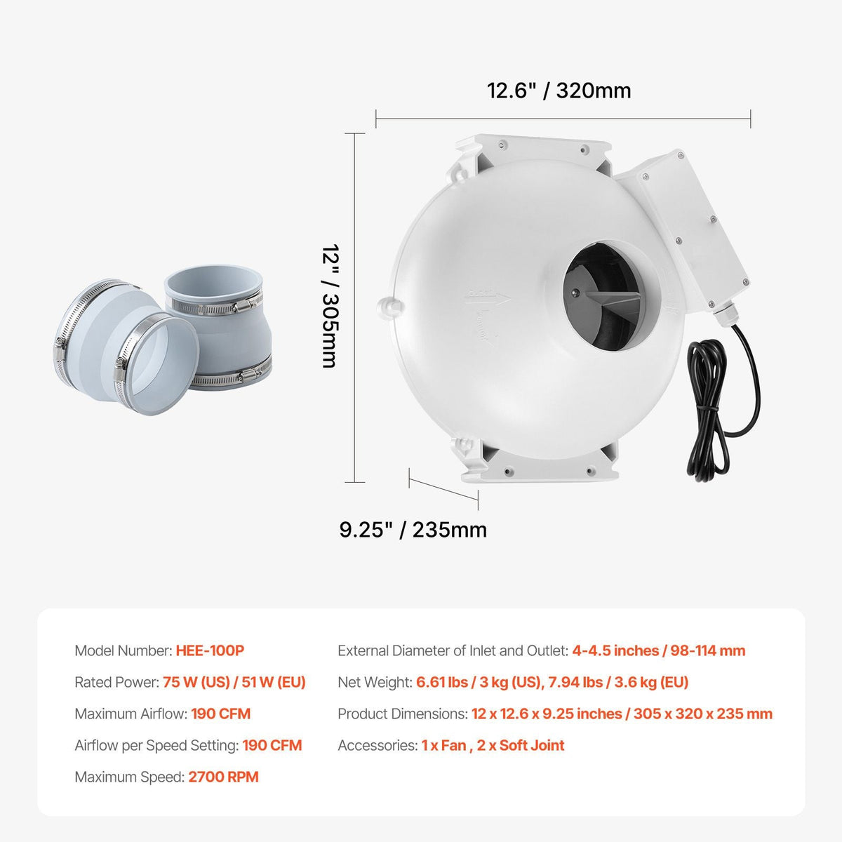 4 to 4.5 inch Radon Mitigation Fan System, Quiet 190 CFM Radon Mitigation Kit with 2 Couplers, Waterproof Radon Fan Electric Inline Duct Fan Exhaust Fan for Indoor Outdoor Ventilation