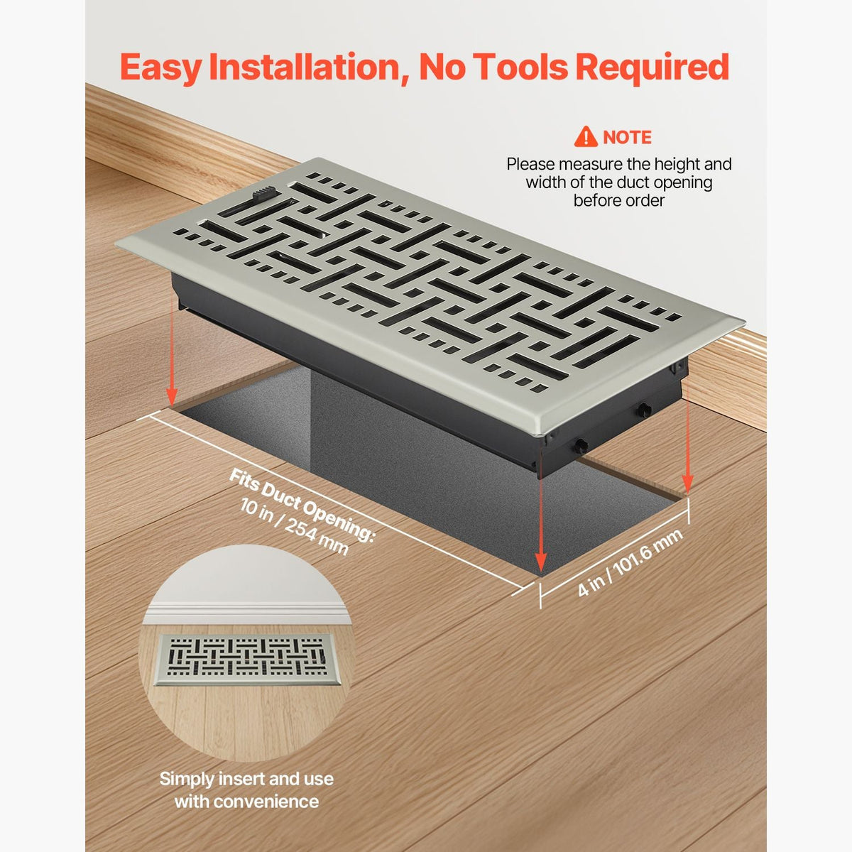 4 x 10 Inch Floor Registers, 2-Pack Vent Grilles, HVAC Heavy-Duty Walkable Iron Floor Vents, Easily Adjustable Rust-Proof Air Vents Deflector with Metal Damper, for Home & Office, Nickel-Plated