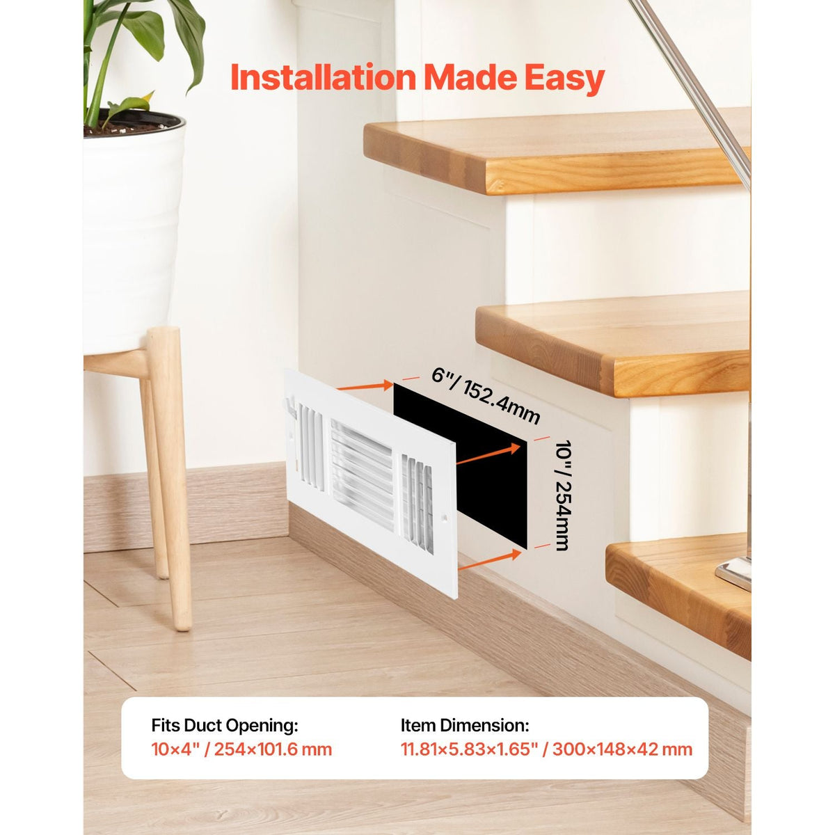 4 x 10 Inch Floor Registers, 6-Pack Floor Vents, HVAC 3-Direction Iron Vent Grilles for Home/Office Wall & Ceiling, Rustproof Anti-Peeling Air Vents Deflector Adjustable with Metal Damper, White