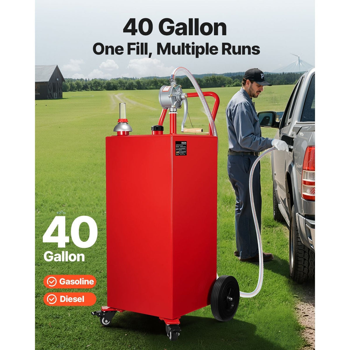 40 Gallon Fuel Caddy, Gasoline & Diesel Fuel Tank with Manual Transfer Pump, Portable Fuel Storage Tank with 4 Wheels & 10 ft Hose, Gas Caddy for Cars, Lawn Mowers, ATVs, Boats, More, Red