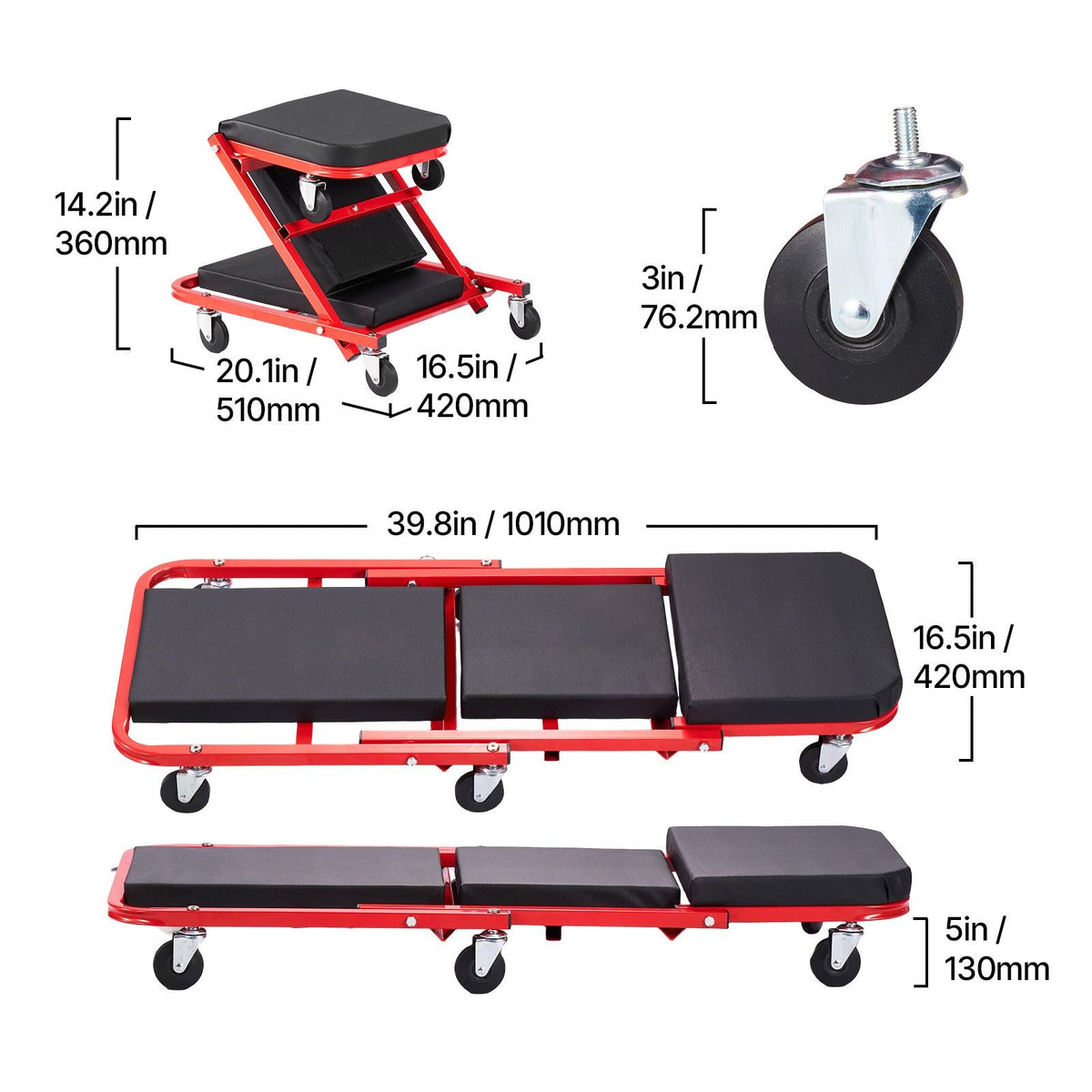 40 in 2-in-1 Folding Mechanic Creeper, Z Creeper Seat & Under Car Garage Roller, 450 lbs Rolling Creeper Stool with 6 Swivel Casters, Padded Headrest for Auto Repair