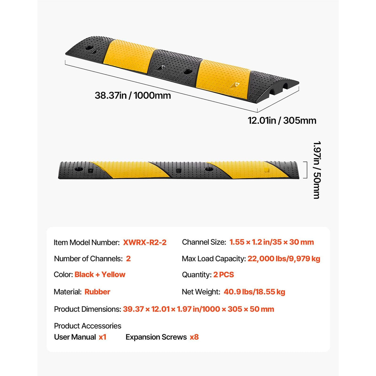 40 in Rubber Speed Bump, 2 Pack, 2 Channel Heavy Duty Traffic Speed Hump, 22000 lbs/Axle Load Capacity, Cable Protector Ramp with Expansion Screws, for Asphalt Concrete Gravel Driveway and Road