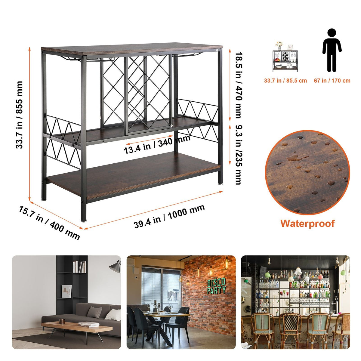 40 Inch Industrial Bar Cabinet, Wine Table for Liquor and Glasses, Sideboard Buffet Cabinet with Glass Holder & Wine Rack, Freestanding Farmhouse Wood Coffee Bar Cabinet for Living Room Home Bar