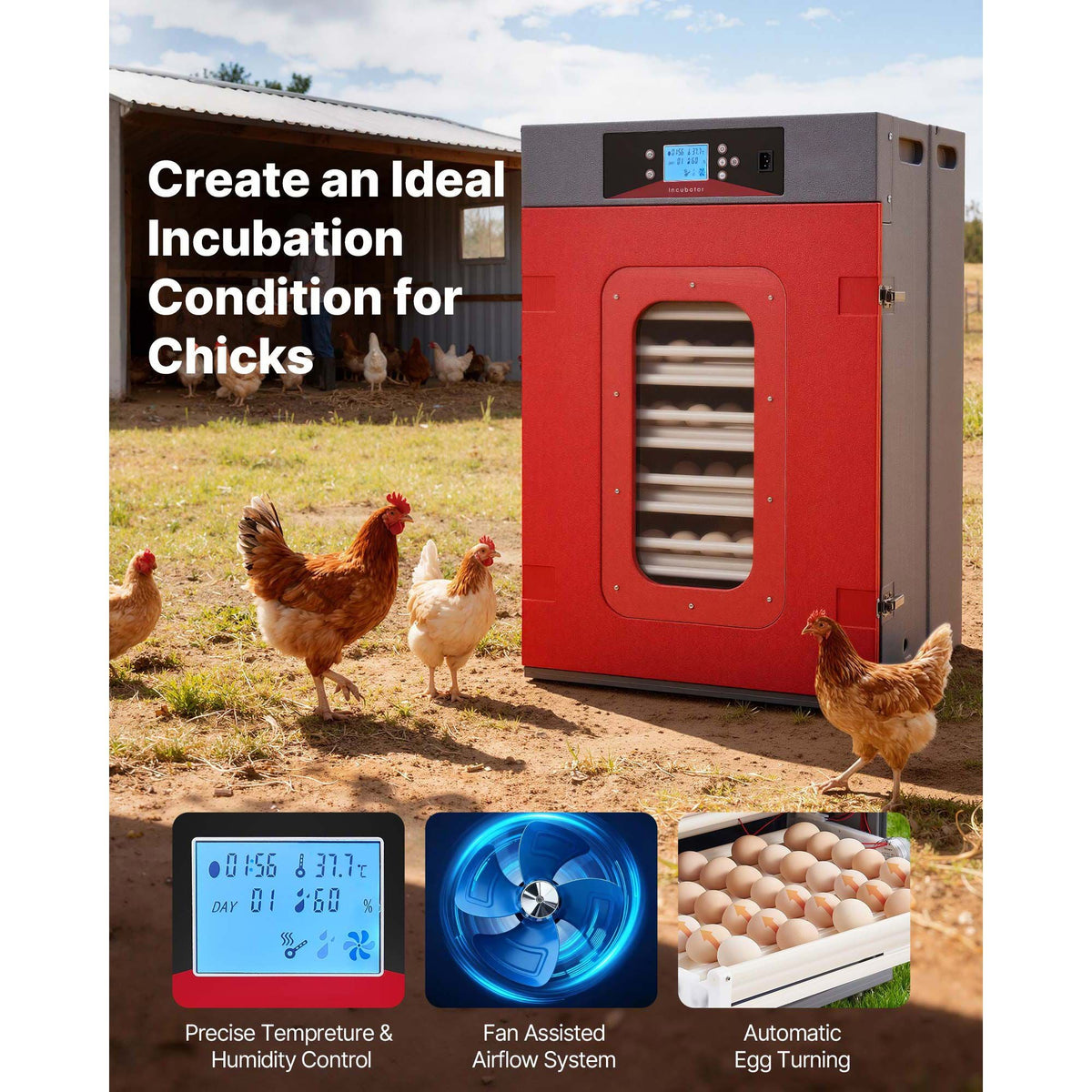 400 Egg Incubator, Poultry Incubator Cabinet with Automatic Eggs Turning, Temperature & Humidity Control, Heating & Cooling Egg Hatcher, Commercial Incubators for Hatching Chicks Ducks Goose
