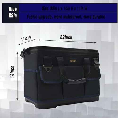 FASTECH 22 Inch Tool Bag, Waterproof Wide Mouth Tool Kit, Heavy Duty Tool Bag Organizer With Shoulder Straps and Molded Base, Tool Storage Package For Screwdrivers, Pliers, Nut Drivers (DarkBlue22IN)