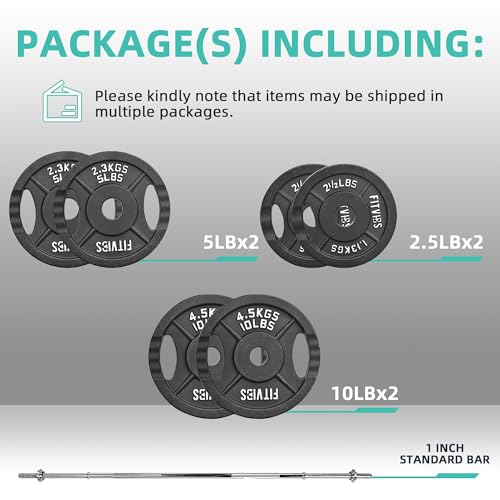 Fitvids Barbell Weight Set, Cast Iron 1" Standard Weight Plates Including 5FT Standard Barbell Bar & Star Locks, 45 Pounds Set (35 Lbs Plates + 10 Lbs Barbell Bar), Multiple Packages