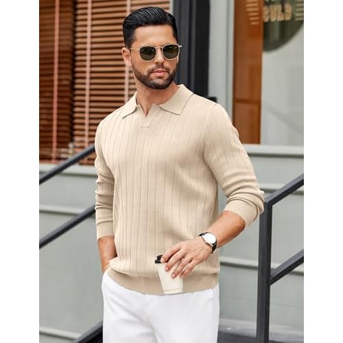 COOFANDY Mens Sweaters Polos Long Sleeve V Neck Knit Polo Lightweight Casual Pullover Sweater
