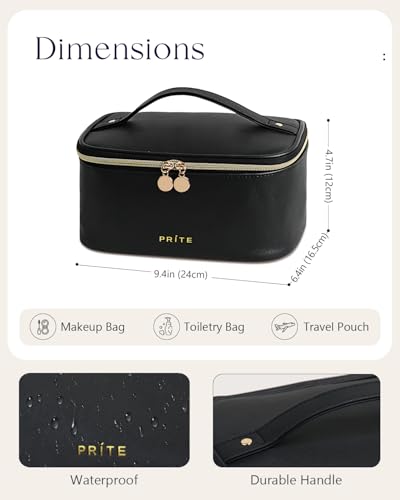 Prite Makeup Bag, Large Capacity Portable Travel Cosmetic Bag, Waterproof Makeup Organizer for Women with Handle and Divider (001 Black) - color: 001 Black