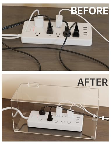 NiHome Large Clear Acrylic Cable Management Box, Power Strip Organizer with Ventilated Cover and Silicone Feet, Includes Reusable Ties, Transparent Cord Hider for Desk and Floor