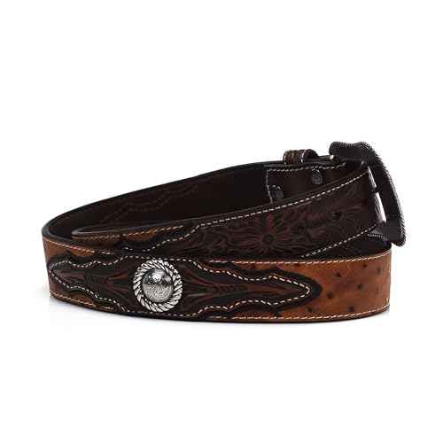 ARIAT Men's Faux Ostrich Leather Belt with Floral Emboss and Silver Conchos