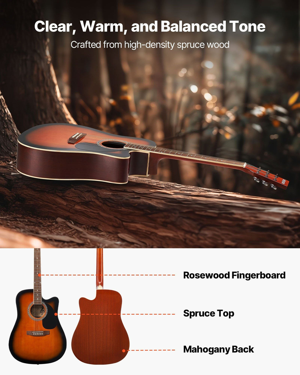 41 in Cutway Acoustic Guitar Beginner Bundle with Gig Bag for Adult Sunburst