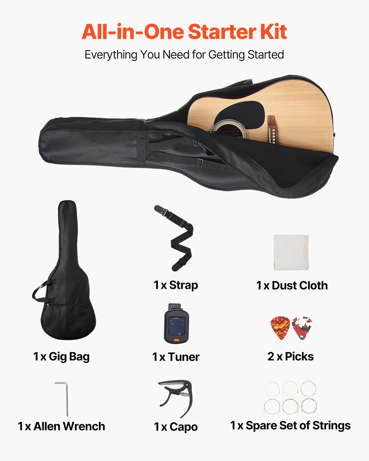 41 in Dreadnought Acoustic Guitar Natural Beginner Bundle Gig Bag for Adult Tall