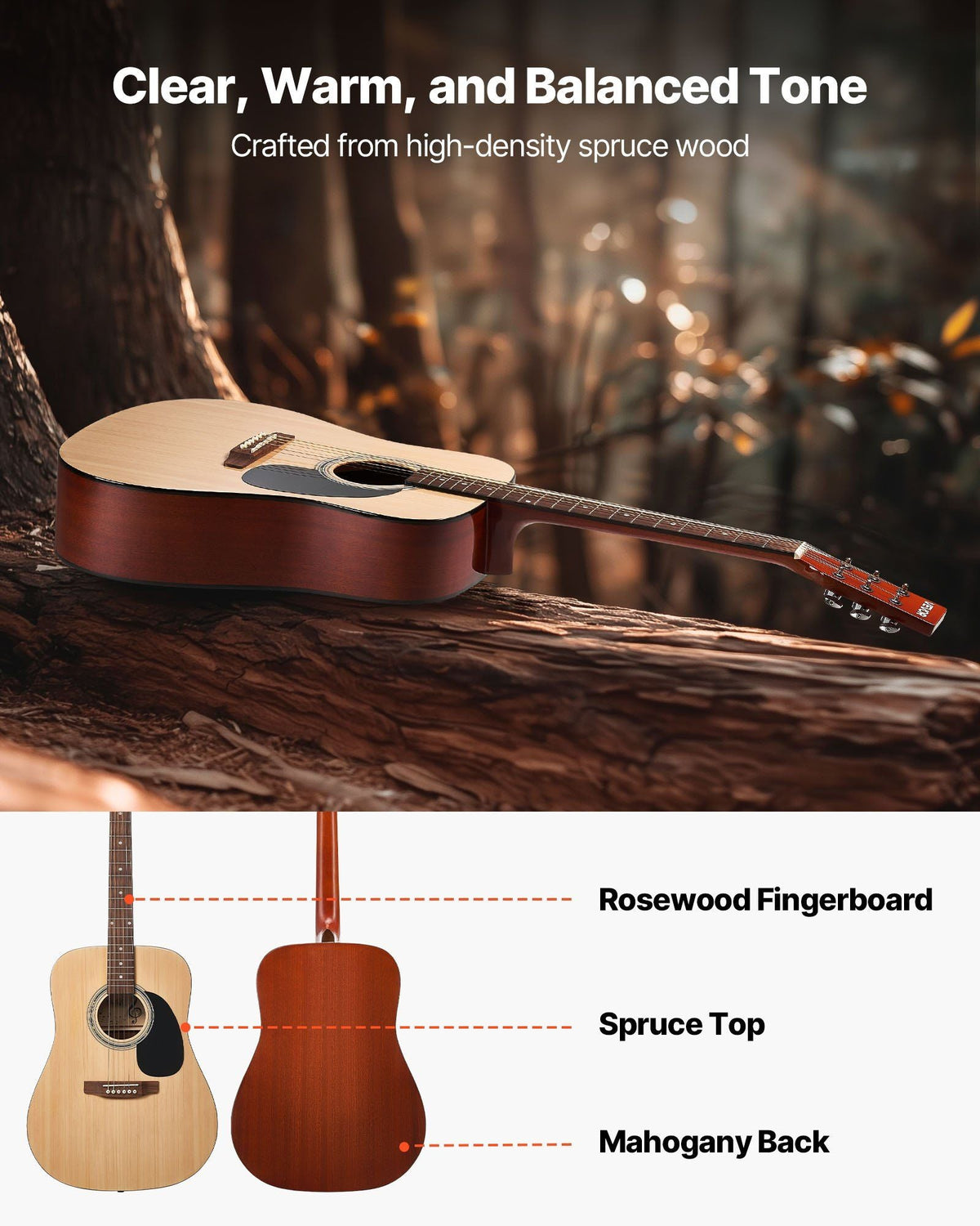 41 in Dreadnought Acoustic Guitar Natural Beginner Bundle Gig Bag for Adult Tall