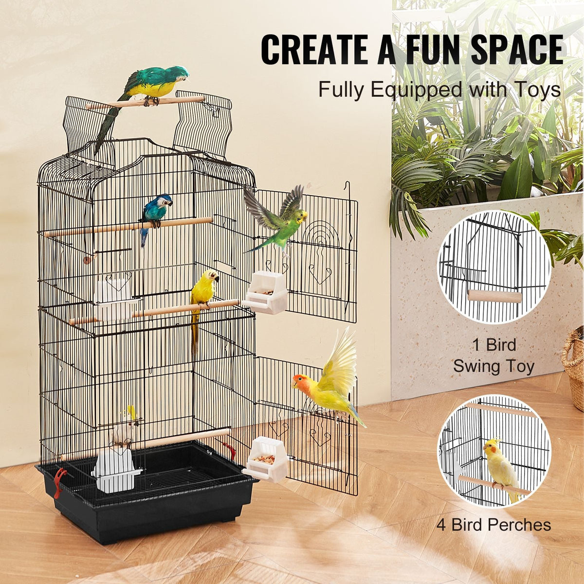 41-inch Open Top Large Parrot Bird Cage, Hanging Bird Cage for Parakeets Finches Canaries Lovebirds Cockatiels Budgies Small Quaker Conures Travel Pet Flight Birdcage with Swing and Perch