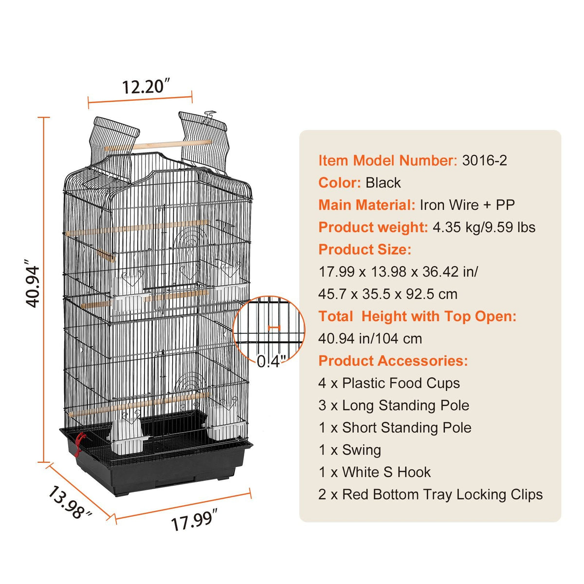 41-inch Open Top Large Parrot Bird Cage, Hanging Bird Cage for Parakeets Finches Canaries Lovebirds Cockatiels Budgies Small Quaker Conures Travel Pet Flight Birdcage with Swing and Perch