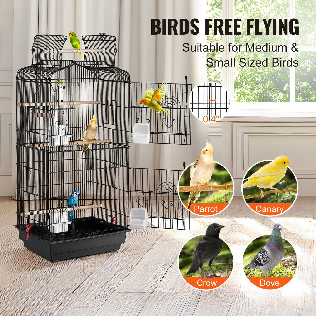 41-inch Open Top Large Parrot Bird Cage, Hanging Bird Cage for Parakeets Finches Canaries Lovebirds Cockatiels Budgies Small Quaker Conures Travel Pet Flight Birdcage with Swing and Perch