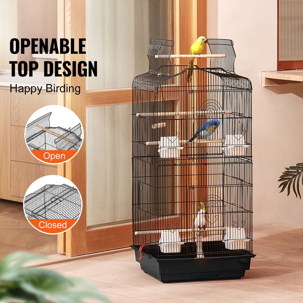 41-inch Open Top Large Parrot Bird Cage, Hanging Bird Cage for Parakeets Finches Canaries Lovebirds Cockatiels Budgies Small Quaker Conures Travel Pet Flight Birdcage with Swing and Perch