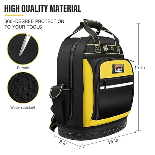 AIRAJ Heavy Duty Tool Backpack,17 Inch Tool Bag Backpack with Waterproof Molded Hard Base,Durable Tool Bag with Reinforced Stitching,Waist-Support,Work backpack for Industrial,Electrician,Construction