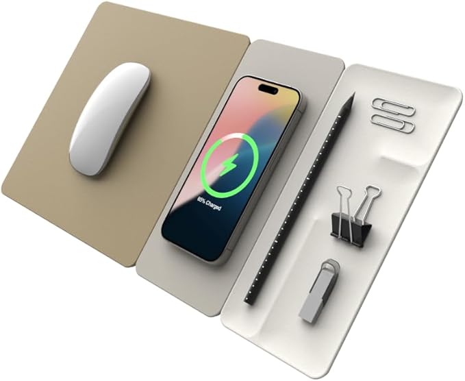 POUT H3 SplitMax 3-in-1 Wireless Charging Mouse Pad – Fast Qi Charger Mousepad Mat and Magnetic Tray Organizer – Compatible with Smartphones and Earbuds (Palette Cream)