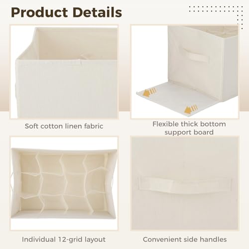 ZALIR 2 Pcs 12-Grid Shoe Organizer Bins, Foldable Cotton Linen Fabric Storage with Bottom Support Board, Space-Saving Foldable Container, 17.7 x 11.8 x 9.8 in for Closet Wardrobe Clothes