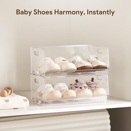HBlife Clear Acrylic Kids Shoe Rack Baby Toddler Shoe Storage Organizer for Closet Floor Entryway Bedroom, 2 Tier Stackable Small Shoe Rack Shelf Display Stand - size: 2 Tier