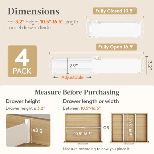 Lifewit Drawer Dividers for Clothes, 3.2" Tall 10.5"-16.5" Expandable Dresser Drawer Organizers, Adjustable White Plastic Separators for Kitchen, Cabinet, Nursery, Socks & Underwear Storage, 4 Pack - size: 3.2"H, 10.5-16.5"L