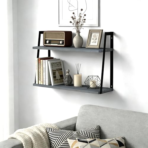 SRIWATANA Floating Wall Shelves, 2-Tier Rustic Wood Shelves for Bedoom, Bathroom, Living Room, Kitchen (Weathered Gray) - color: 3. Weathered Grey