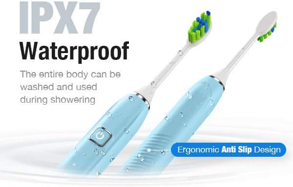 7AM2M Ultrasonic Electric Toothbrush with 6 Brush Heads for Adults&Kids, Type C Charging, One Charge for 120 Days, 5 Modes&40000VPM Powered Toothbrush, 2 Minutes Built in Smart Timer (Light Blue)