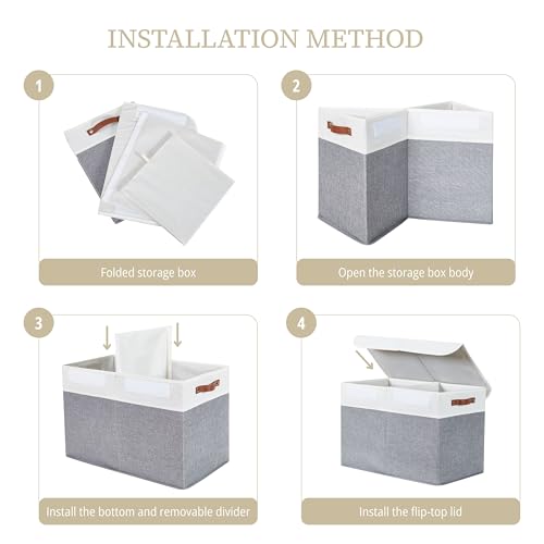 DECOMOMO Large Toy Storage Box with Lid - 25L x 12W x 16H inches Toy Chest Storage Bin with Divider for Kids, Nursery, Playroom (Grey & White)