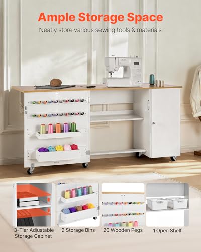 VEVOR Folding Sewing Table, Multipurpose Sewing Machine Table with Cabinet, Charging Station, Compact Design, Wheels, Wooden Pegs, Storage Trays and Shelf, Craft Station and Side Desk for Home - size: Natural White w/ Cabinet