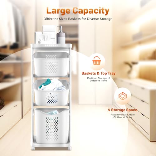 3-Tier Laundry Hamper Sorter, Removable Vertical Rolling Laundry Baskets Stand with Wheel, Stackable Dirty Clothes Cart Organizer and Storage for Small Space, Dorm, Closet, Bathroom (3-Tier)