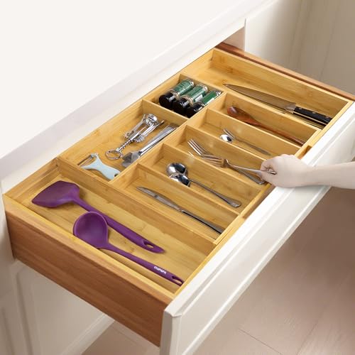 Utoplike Extra Large Kitchen Drawer Organizer, Expandable Bamboo Drawer Holder for Utensils, Silverware, Flatware, 7-9 Slots Cutlery Tray