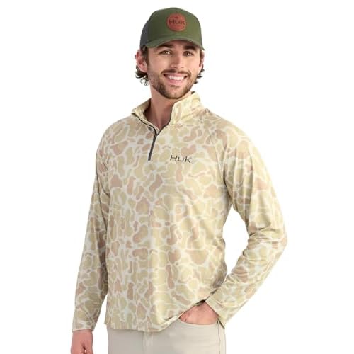 HUK Mens Airweight 1/4 Zip, Lightweight Performance Long Sleeve Pullover with UPF Sun Protection, Sand, Small