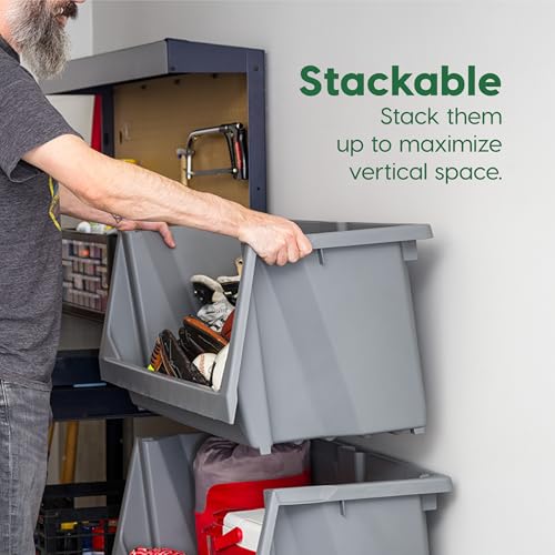 IRIS USA Open Front Storage Bins, Large - 3 Pack, Heavy Duty Garage Storage, Stackable Storage Bins, Tools Hose Household Product Sporting Goods, Wide Open Front, Interlocked Secure Stacking, Gray - size: Large - 3 Pack
