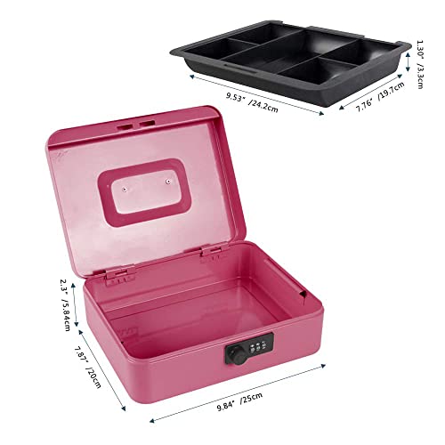 Kyodoled Large Cash Box with Combination Lock,Safe Metal Money Box with Money Tray for Security Lock Box 9.84"x 7.87"x 3.54" Pink Large - color: Pink, size: Large