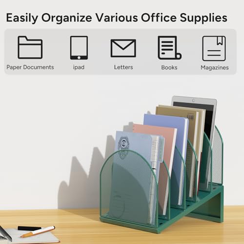 5-Section Desk File Organizer, Metal Mesh Folder Organizer for Documents, Mail & Office Papers (Green) - color: Green