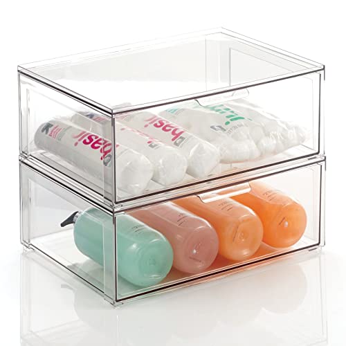 mDesign Plastic Stackable Bathroom Storage Organizer Bin Containers with Front Pull Drawer for Bathroom Countertop, Vanity, Closet Shelves - Holder for Accessories - Lumiere Collection, 2 Pack, Clear - size: 16 x 12 x 6 (Pack of 2)