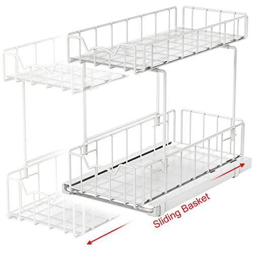 Simple Houseware 2-Tier Spice Rack Slide Out Wire Basket Drawer Organizer, White - color: White