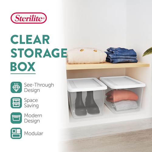 Sterilite 32 Pack Storage Box, 20 Quart Stackable Tote, Clear Plastic Container with Secure Snapping Lids for Home and Office Organization, White - size: 20 Quart, style: 32