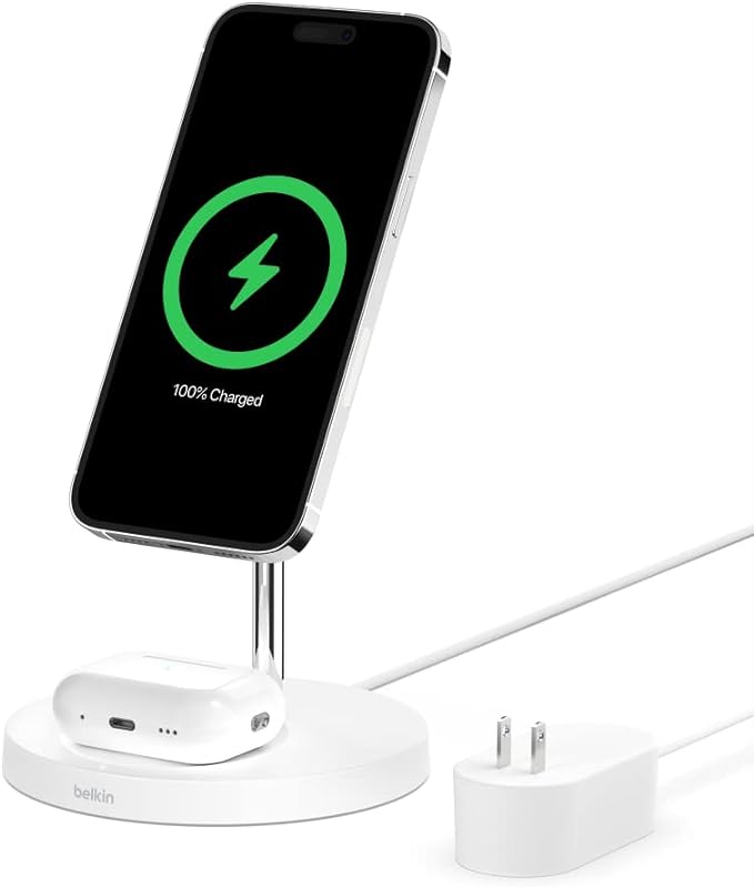 Belkin MagSafe 2-in-1 Wireless Charging Stand for Apple iPhone 13, 14, 15, 16, & AirPods - Fast Charging Station for Multiple Devices - White