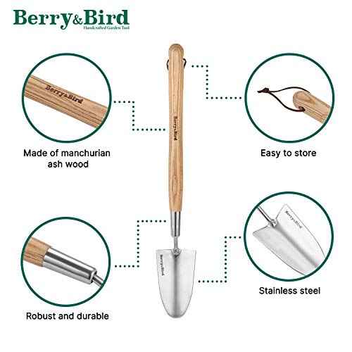 Berry&Bird Garden Trowel with Long Handle, 23.43in Stainless Steel Short Shovel with Wood Handled for Digging, Gardening, Transplanting, Planting and Weeding