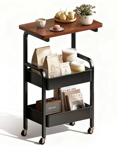 3 Tier Metal Rolling Utility Cart Organizer with Walnut Table Top, Stable and Sturdy Rolling Storage Carts with 2 Lockable Wheels for Kitchen，Bathroom，Snacks，Coffee，Craft，Makeup，Baby Essentials