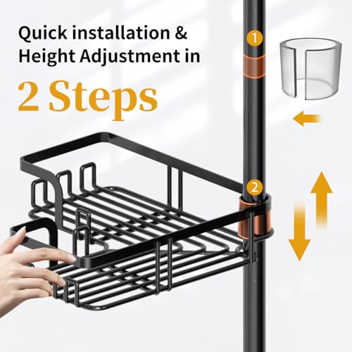 KEGII Shower Caddy Tension Pole with 2 Towel Bars, Corner Shower Organizer Shelves for Bathtub Shampoo Storage, Adjustable Shower Tension Rod with Razor Holder & Hooks - style: Tension Pole with 2 Towel Bars-Black