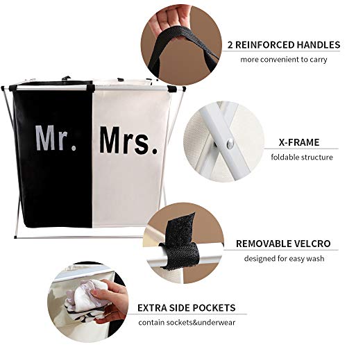 Nicesail Laundry Hamper 2 Section for Husband&Wife Parents or Couple, Clothes Basket Laundry Wedding Gift, Washing Storage Basket with Handle, Waterproof Bag Foldable Aluminum Frame Bathroom Bedroom - size: M 2 sections