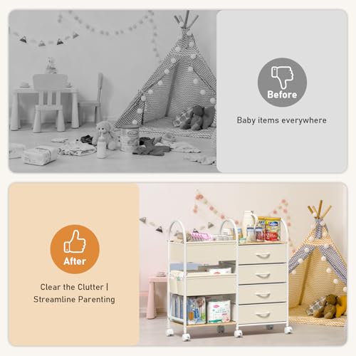Baby Organizer and Storage Cart, 4-Tier Rolling Utility Cart with Wheels, Dividers and Drawers, Easy to Assemble for Nursery, Bedroom & Changing Table, White - color: White
