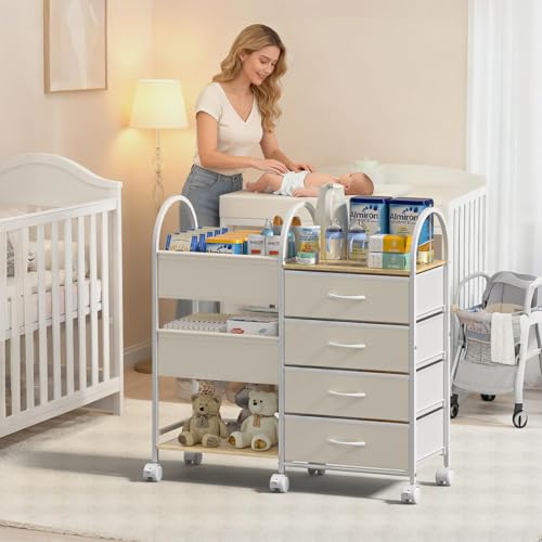 Baby Organizer and Storage Cart, 4-Tier Rolling Utility Cart with Wheels, Dividers and Drawers, Easy to Assemble for Nursery, Bedroom & Changing Table, White - color: White