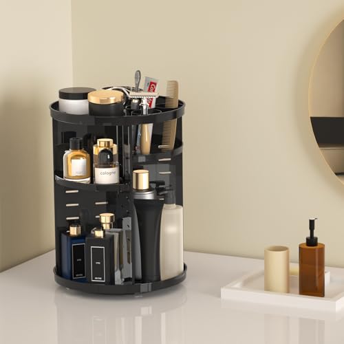 Rotating Makeup Organizer, DIY 8 Adjustable Layers Spinning Skincare Storage, Cosmetic Display Case with Brush Holder and Perfume Tray, Multi-Function Vanity Bathroom Countertop Organizer Black - color: Black